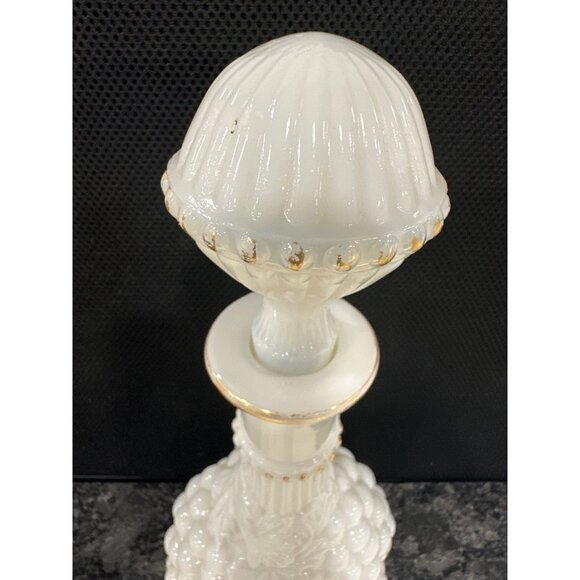Vintage Grape Cluster Milk Glass Decanter With Gold Accents & Stopper - Picture 2 of 9